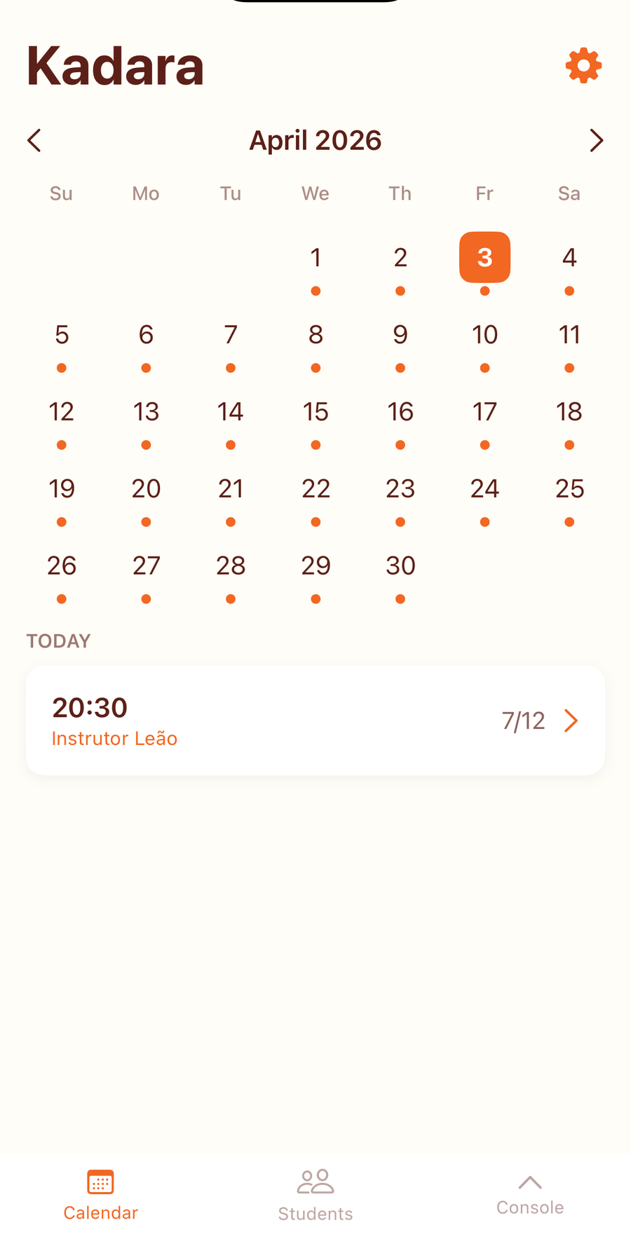 Kadara class calendar screen showing scheduled martial arts sessions and class times